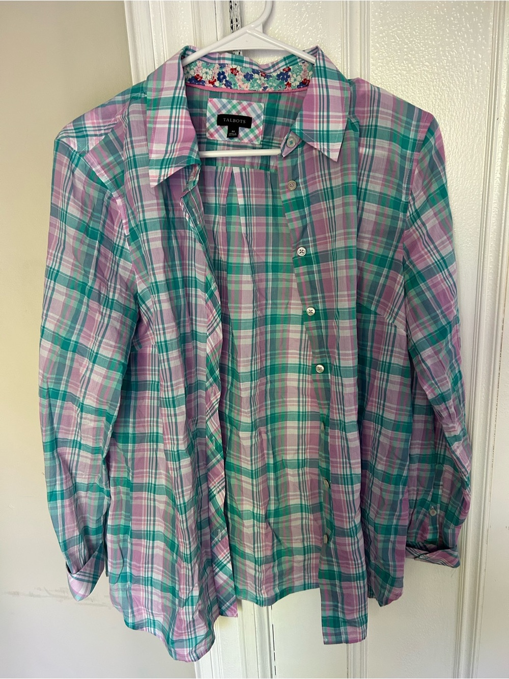 ☀️3/$25 Talbots Madras Plaid Shirt medium Aqua Teal pink Cotton Pastel Grandma